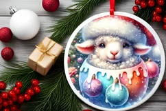 Colorful Watercolor Christmas Lamb Round Ornament PNG Product Image 2