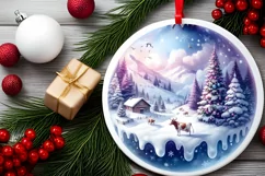 Winter Cow Round Ornament Sublimation PNG Product Image 1