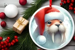Digital Painting Winter Walrus Christmas Round Ornament Product Image 1