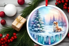 Colorful Winter Scene with Dog Round Sticker Product Image 2