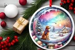 Colorful Winter Scene with Dog Round Sticker Product Image 2