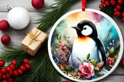 Colorfull Watercolor Penguin Winter Christmas Round Ornament Product Image 1