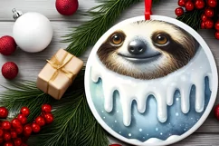 Digital Painting Winter Sloth Christmas Round Ornament Product Image 2