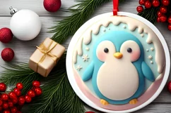 Pastel Penguin Christmas Round Ornament Sublimation PNG Product Image 1