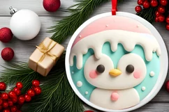 Pastel Penguin Christmas Round Ornament Sublimation PNG Product Image 2