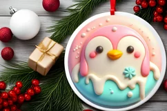 Pastel Penguin Christmas Round Ornament Sublimation PNG Product Image 2