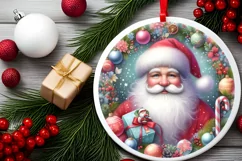 Colorful Christmas Santa Round Ornament Sublimation PNG Product Image 2