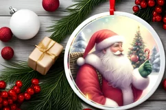 Colorful Christmas Santa Round Ornament Sublimation PNG Product Image 2