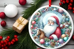 Santa with Gift Round Ornament Sublimation PNG Product Image 2