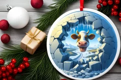 Cow in Melting Ice Wall Round Ornament Sublimation PNG Product Image 1