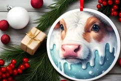 Winter Scene Cow Portrait Round Ornament Sublimation PNG Product Image 1