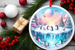 Winter Scene with Penguins Christmas Ornament Sublimation Product Image 2