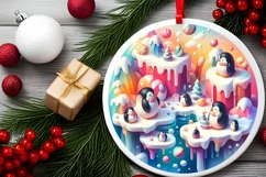 Colorful Penguins Winter Scene Round Ornament Sublimation Product Image 2