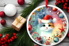 Colorful Christmas Cat Round Ornament Sublimation PNG Product Image 2