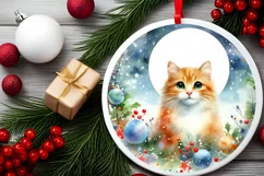 Colorful Christmas Cat Round Ornament Sublimation PNG Product Image 2