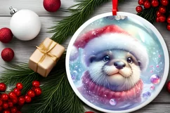 Winter Scene Otter Portrait Round Ornament Sublimation PNG Product Image 2