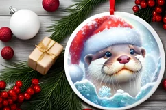 Winter Scene Otter Portrait Round Ornament Sublimation PNG Product Image 1