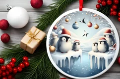 Winter Scene with Penguins Round Ornament Sublimation PNG Product Image 2