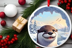 Otter in Snow Made Wall Round Ornament Sublimation PNG Product Image 1