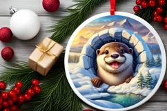 Snow Otter Smiling Winter Round Sticker Ornament Product Image 2