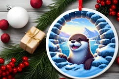 Snow Otter Smiling Winter Round Sticker Ornament Product Image 2