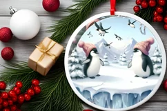 Watercolor Christmas Penguins 3D Round Sticker Product Image 2