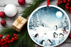 Watercolor Christmas Penguins 3D Round Sticker Product Image 1