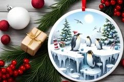 Watercolor Christmas Penguins 3D Round Sticker Product Image 1