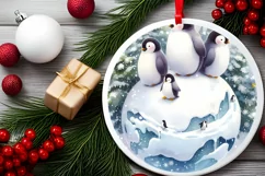 Watercolor Christmas Penguins 3D Round Sticker Product Image 1