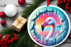 Icy Wall Flamingo Winter Round Sticker Ornament Product Image 2