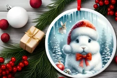 Watercolor Christmas Bunny Santa Hat Round Sticker Product Image 2