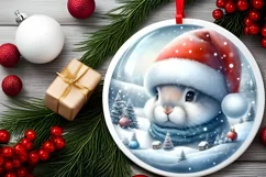 Watercolor Christmas Bunny Santa Hat Round Sticker Product Image 1