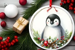 Watercolor Penguin Round Christmas Ornament Sublimation PNG Product Image 2