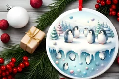 Colorful Christmas Penguins Round Ornament Sublimation PNG Product Image 2