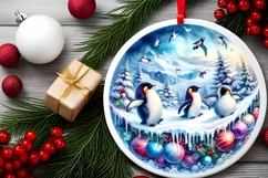 Winter Scene Penguins Round Ornament Sublimation PNG Product Image 2