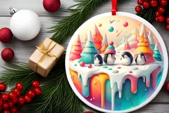 Colorful Christmas Penguins Round Ornament Sublimation PNG Product Image 2