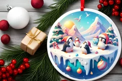 Colorful Christmas Penguins Round Ornament Sublimation PNG Product Image 1