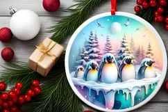 Colorful Penguins Winter Scene Round Ornament Sublimation Product Image 2
