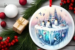 Colorful Penguins Winter Scene Round Ornament Sublimation Product Image 1
