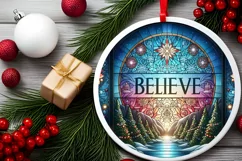 Believe Stained Glass Christmas Round Cute Ornament Sublimat Product Image 1
