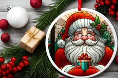 Round Christmas Santa Stained Glass PNG Ornament Product Image 1