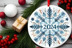 New Year 2024 Watercolor Snow Flake Christmas Round Ornament Product Image 2