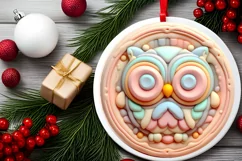 3D Owl Pastel Christmas Round Ornament Sublimation Product Image 2