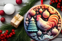 3D Rooster Pastel Christmas Round Ornament Sublimation Product Image 1