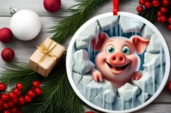 Christmas Round Cute Animal Ornament Sublimation Pig Product Image 1