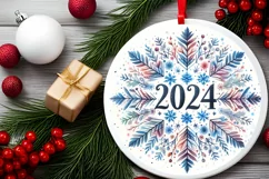 New Year 2024 Watercolor Snow Flake Christmas Round Ornament Product Image 1