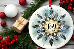 Joy Watercolor Snow Flake Christmas Round Cute Ornament Product Image 1