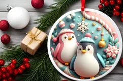 3D Pastel Christmas Round Ornament Sublimation Penguins Product Image 4