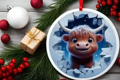 Christmas Round Highland Cow Ornament Sublimation Ornament Product Image 4