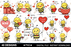 Cute Valentine Bee Clipart PNG Bundle | Hand Drawn Love Bee Product Image 1